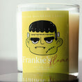 Load image into Gallery viewer, Halloween soy candle with Frankenstein's face on it by Cedar Mountain Candle
