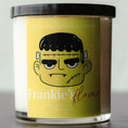 Load image into Gallery viewer, Frankie's Flame Halloween Soy Candle with black lid in 9 oz whiskey glass jar