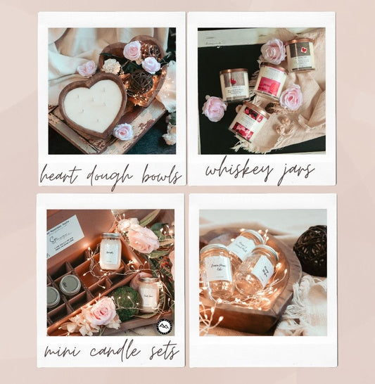 Heart dough bowl candles, whiskey glass jar candles, mini mason jar candle gift sets are perfect Valentines Day gifts from Cedar Mountain Candle