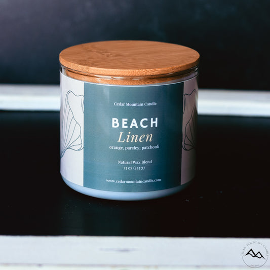 New Look! Beach Linen - 3 Wick Jar Candle - Wrap Around Label