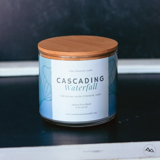 New Look! Cascading Waterfall - 3 Wick Jar Candle - Wrap Around Label