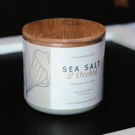 New Look! Sea Salt & Orchid - 3 Wick Jar Candle - Wrap Around Label