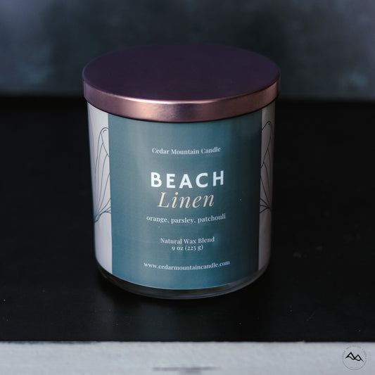 New Look! Beach Linen - 9 oz Whiskey Jar Candle - Wrap Around Label