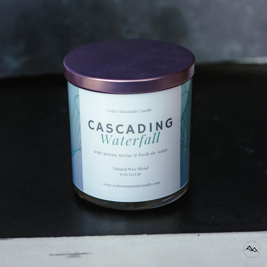 New Look! Cascading Waterfall - 9 oz Whiskey Jar Candle - Wrap Around Label