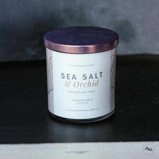 New Look! Sea Salt & Orchid - 9 oz Whiskey Jar Candle - Wrap Around Label