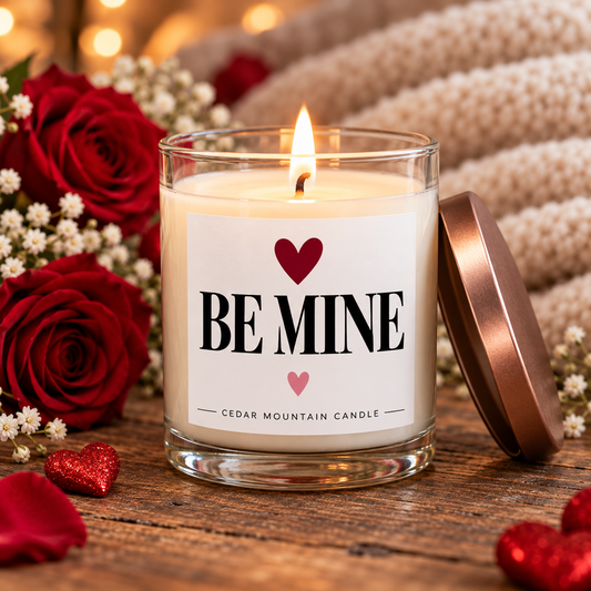 Lit Be Mine candle beside a rose gold lid