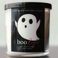 Load image into Gallery viewer, Boo Light 9 oz Whiskey Glass Jar Soy Candle with a black lid 
