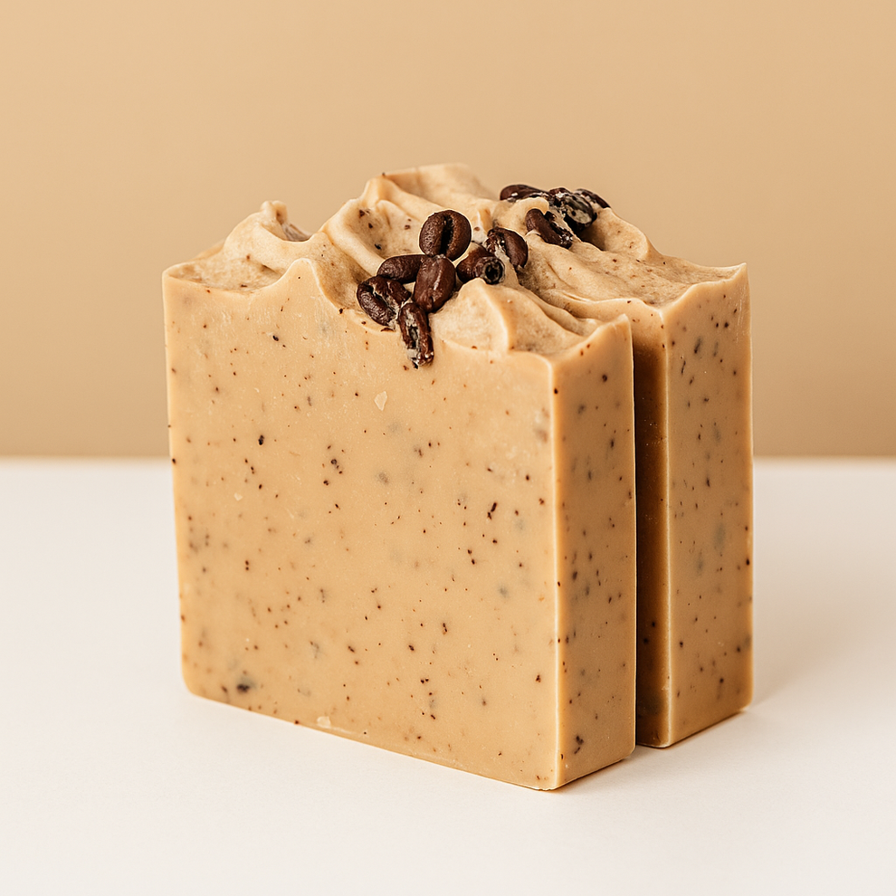 Bar of soap with coffee beans on a beige background
