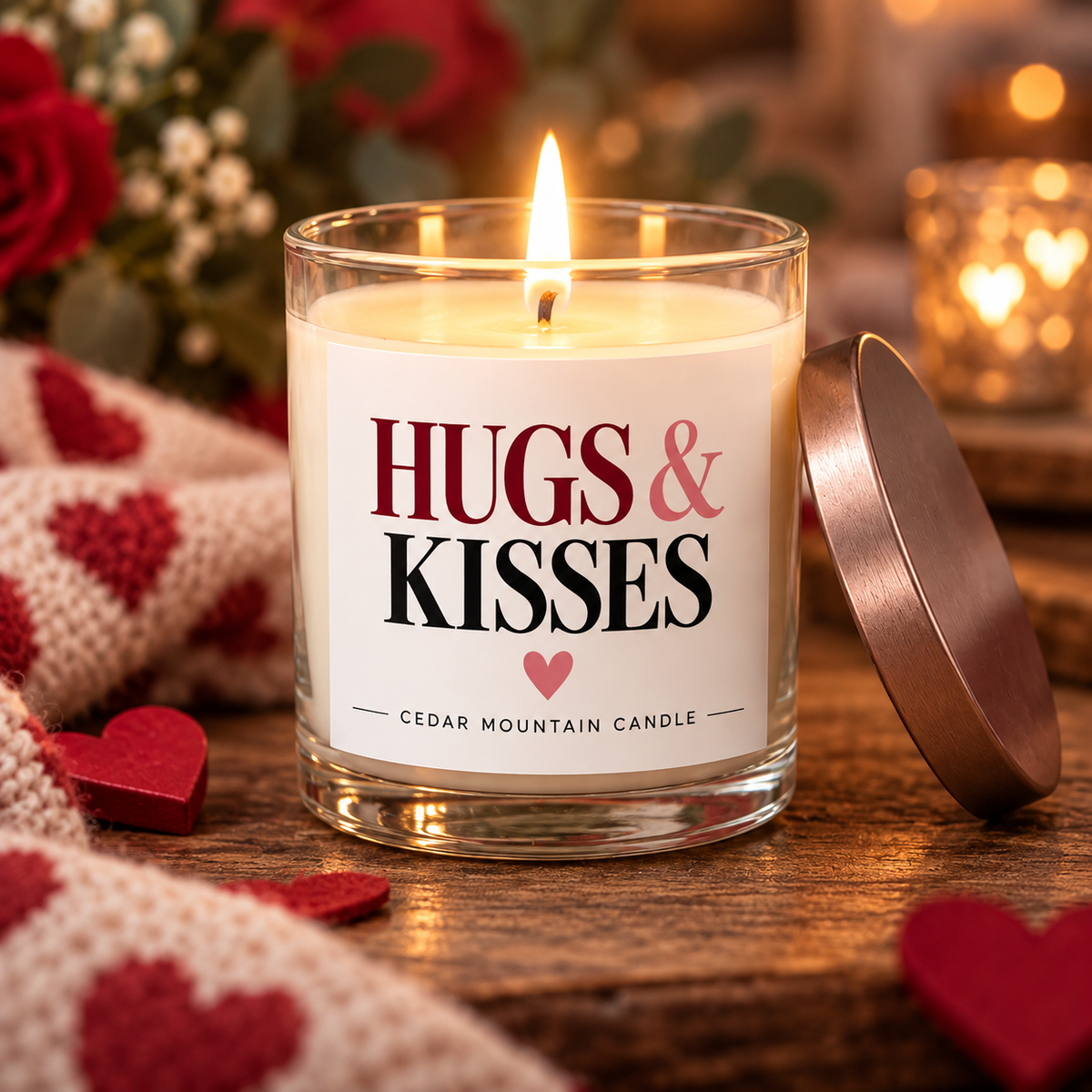 Lit Hugs & Kisses candle beside a rose gold lid