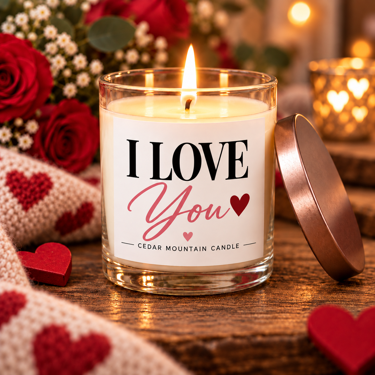 Lit I Love You candle beside a rose gold lid