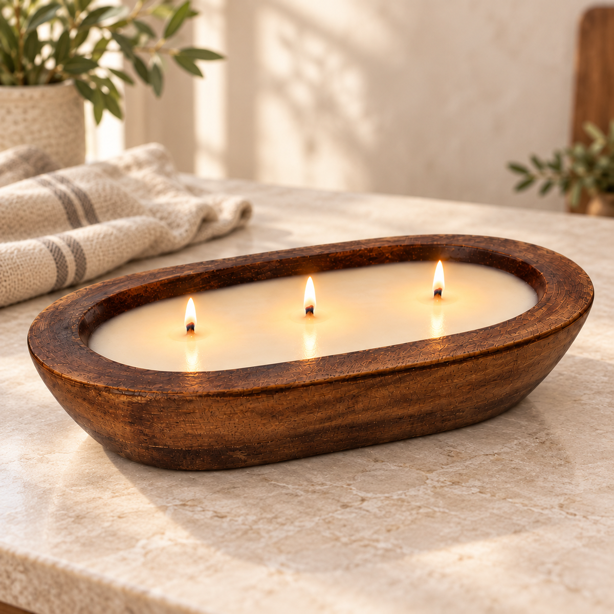 Unscented - 3 Wick Natural Wood Dough Bowl