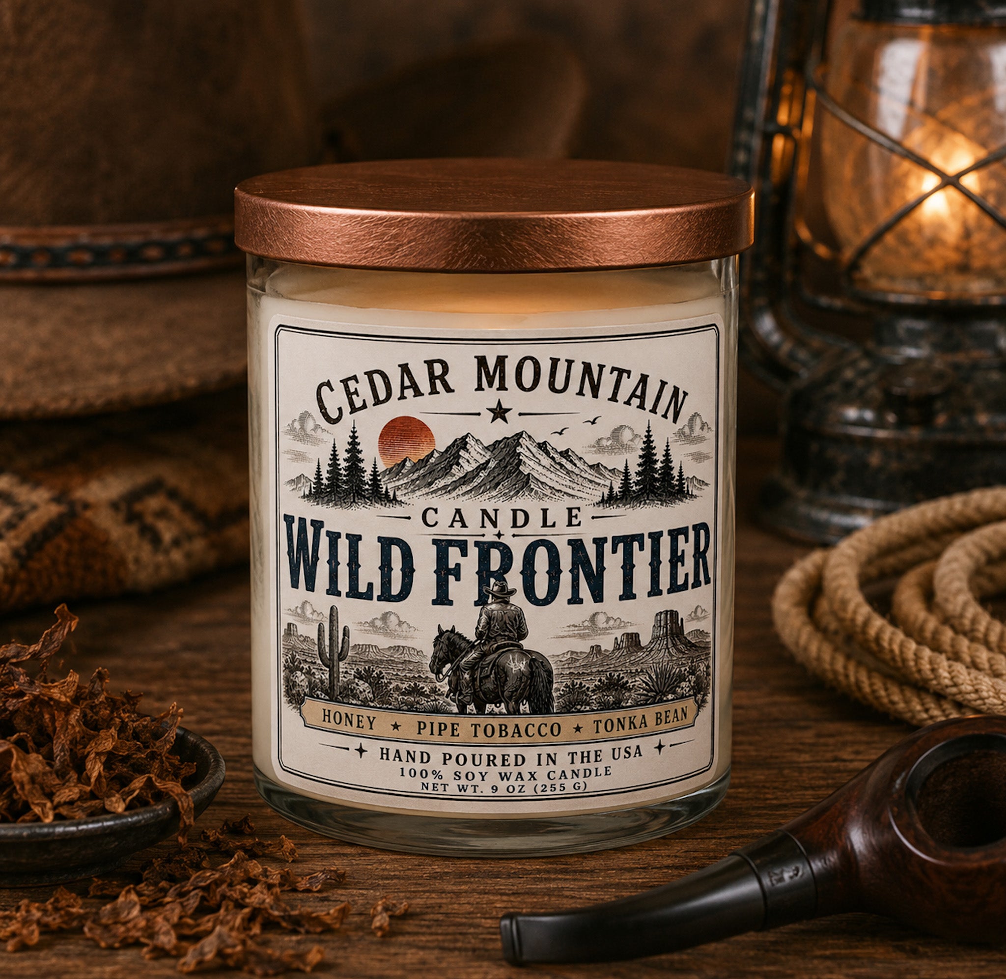 A jar candle labeled 'Cedar Mountain Wild Frontier' sits on a rustic wooden surface with a copper-toned lid. The scene includes a lantern, rope, dried tobacco leaves, and a pipe in a warm, styled setting.