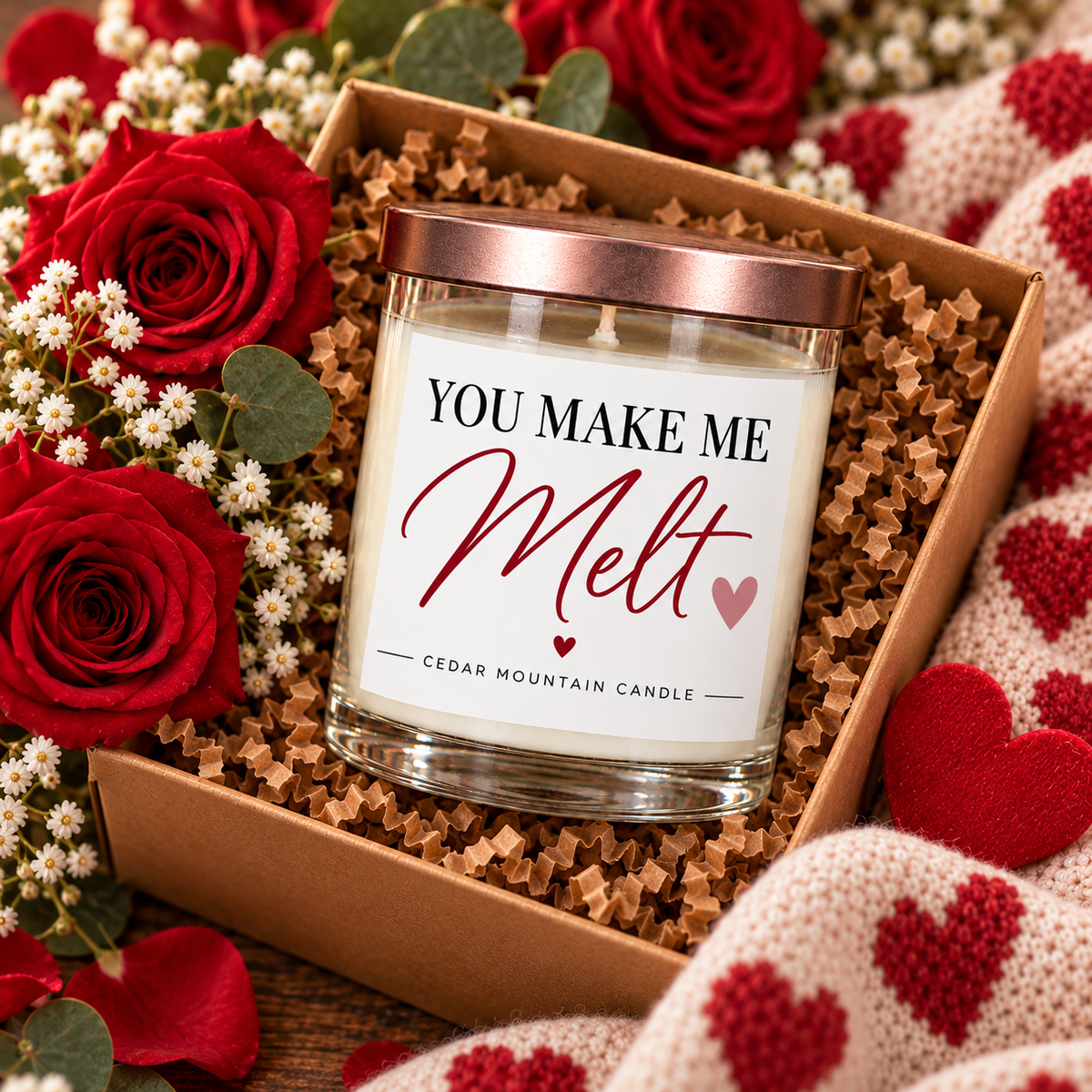 You Make Me Melt candle displayed in a Valentine gift box