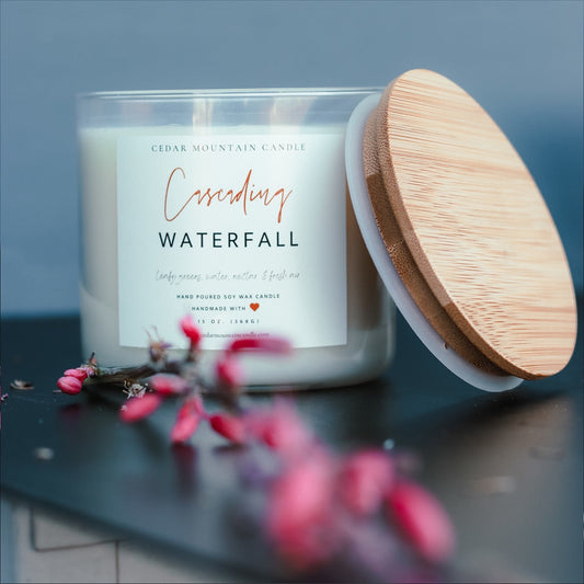 Cedar Mountain Candle 3-wick soy wax candle in glass jar with bamboo lid, scent Cascading Waterfall.