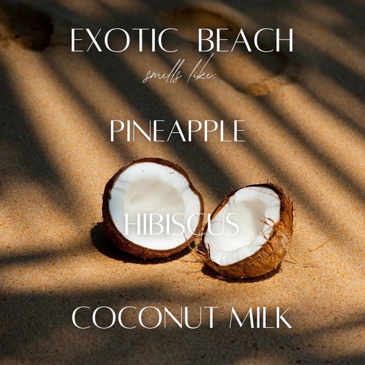 Cedar Mountain Candle Exotic Beach roll-on perfume oil with pineapple, hibiscus, and coconut milk notes on sand.