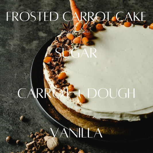 Cedar Mountain Candle Frosted Carrot Cake 5.5 oz dye-free soy wax melts with frosting, chocolate shavings, and candied carrots.