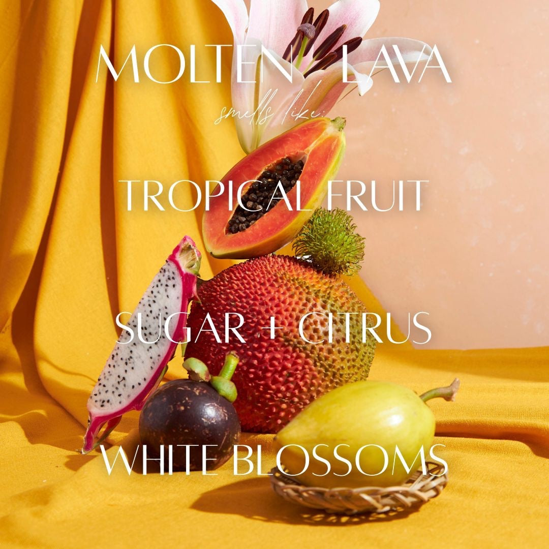 Cedar Mountain Candle Molten Lava perfume oil with tropical fruits, sugared citrus, and white blossoms.