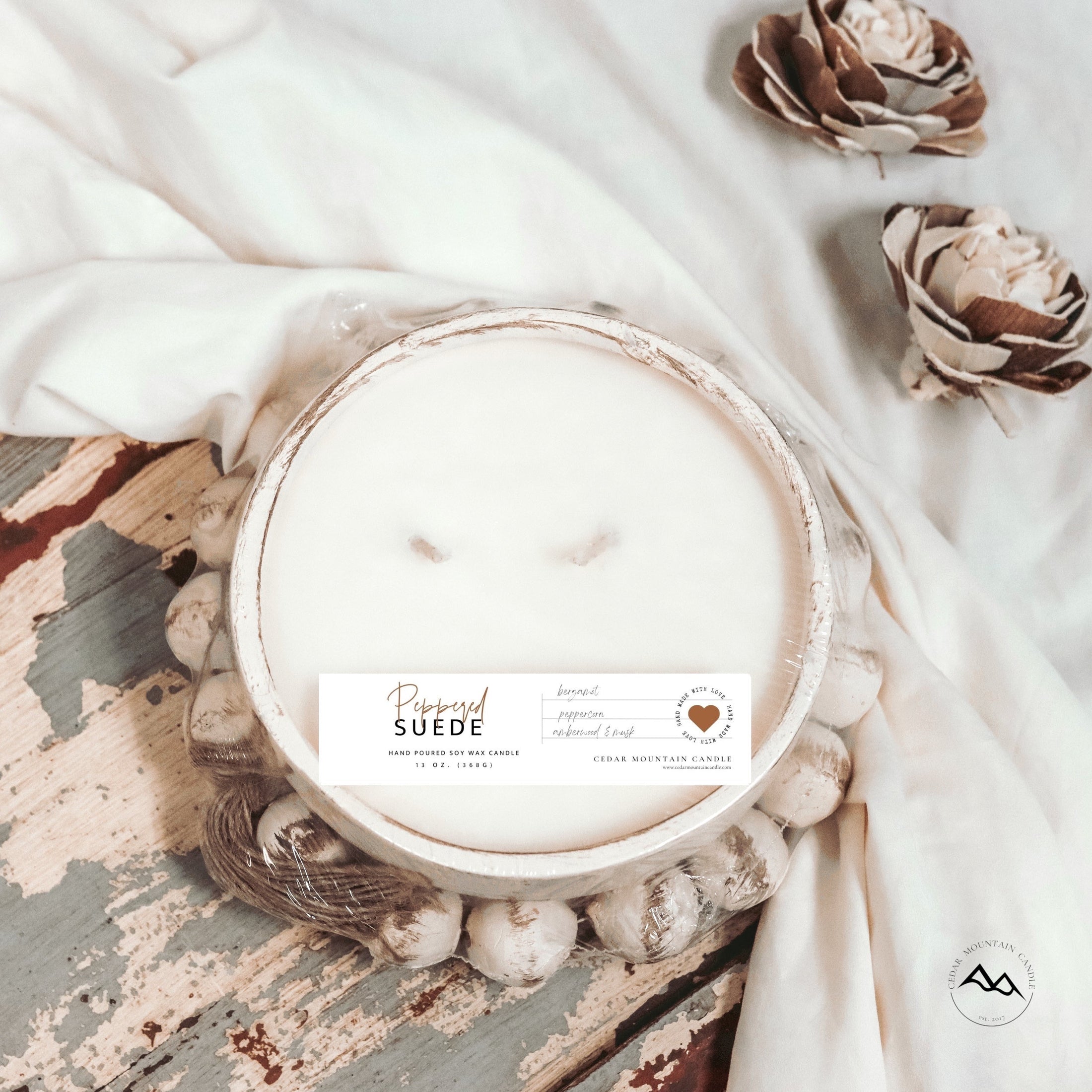 Cedar Mountain Candle 3 wick round pottery bowl candle with beads, natural wax, Peppercorn Suede scent.