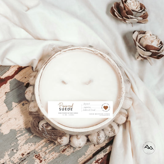 Cedar Mountain Candle 3 wick round pottery bowl candle with beads, natural wax, Peppercorn Suede scent.