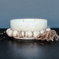 Load image into Gallery viewer, Cedar Mountain Candle white round pottery bowl candle with beaded trim and jute tassel. Natural wax.
