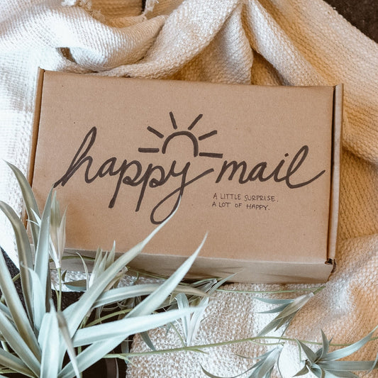 brown box with happy mail writing on top on the floor with a green plant over it