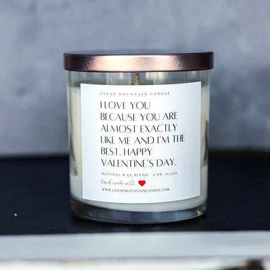 "I love you because..." Valentine's Day 9 oz Whiskey Glass Jar Soy Candle - Choose Your Scent