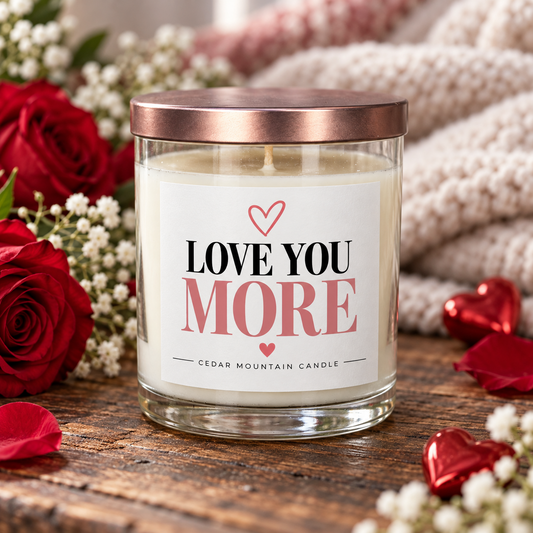 Love You More candle in a whiskey glass jar with rose gold lid