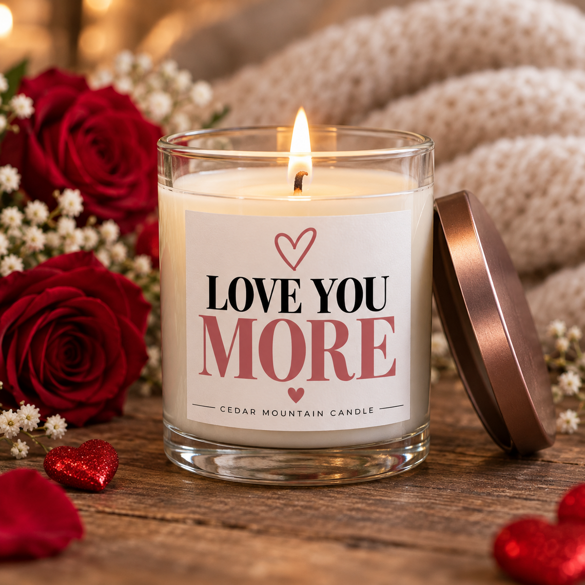 Lit Love You More candle beside red roses