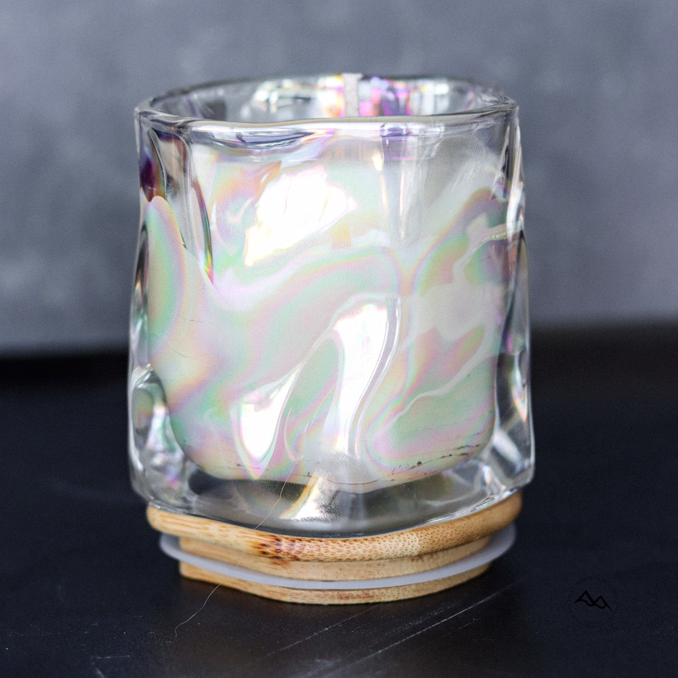 Iridescent Wave Shaped Glass Candle with Bamboo Lid - Choose Your Scent