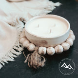 Peppered Suede - 3 Wick Handmade Round Beaded Pottery Soy Candle with Tassel